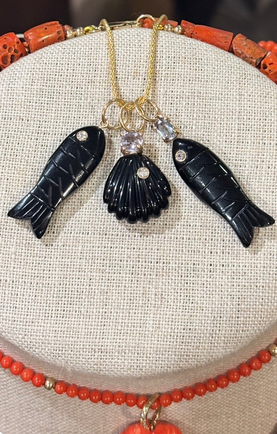 Black Onyx Shell Pendant with Diamond, Silver Spinel and 14k Gold
