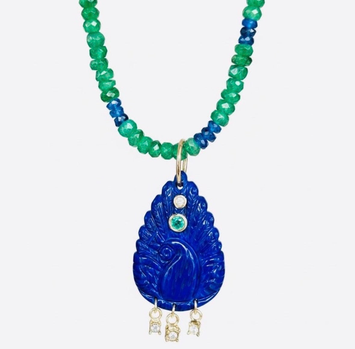 Lapis Peacock Pendant with Emerald and Diamonds