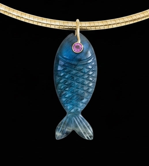 Labradorite Fish Pendant with Double Sided Pink Tourmaline Eyes & 14k Gold