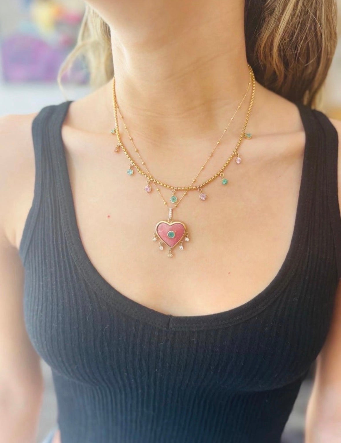 Emerald & Pink Spinel Fringe Necklace, 14k Gold