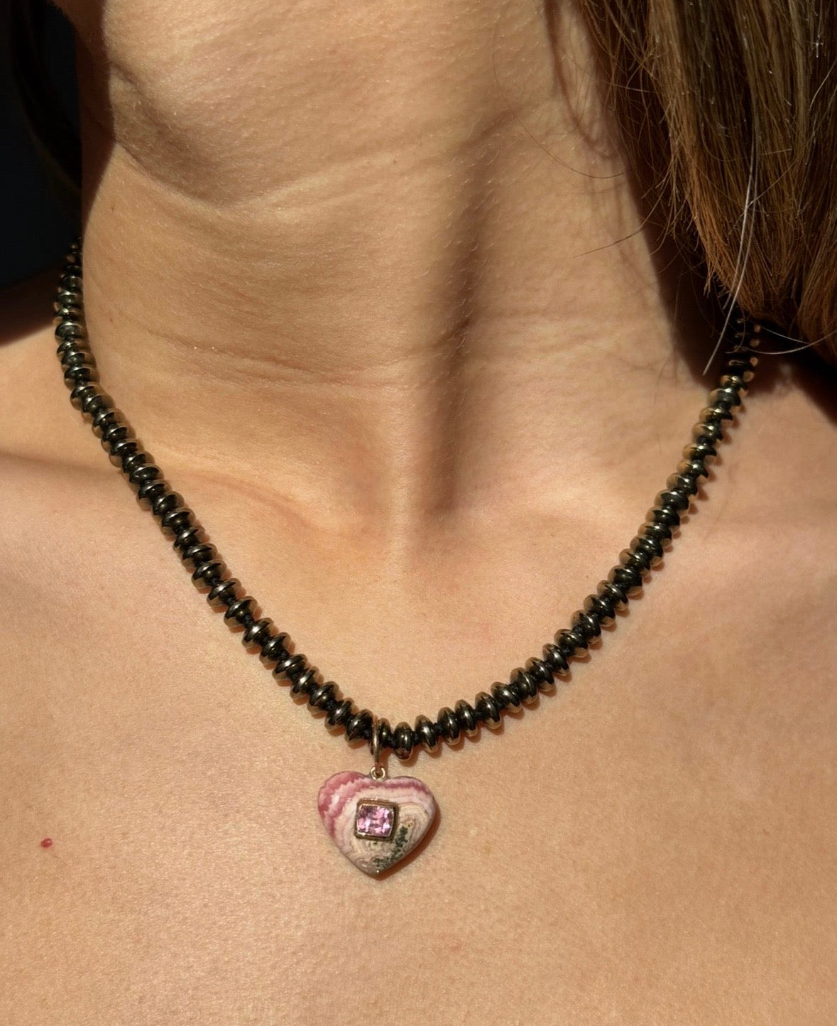 Rhodochrosite Heart Charm with Pink Spinel