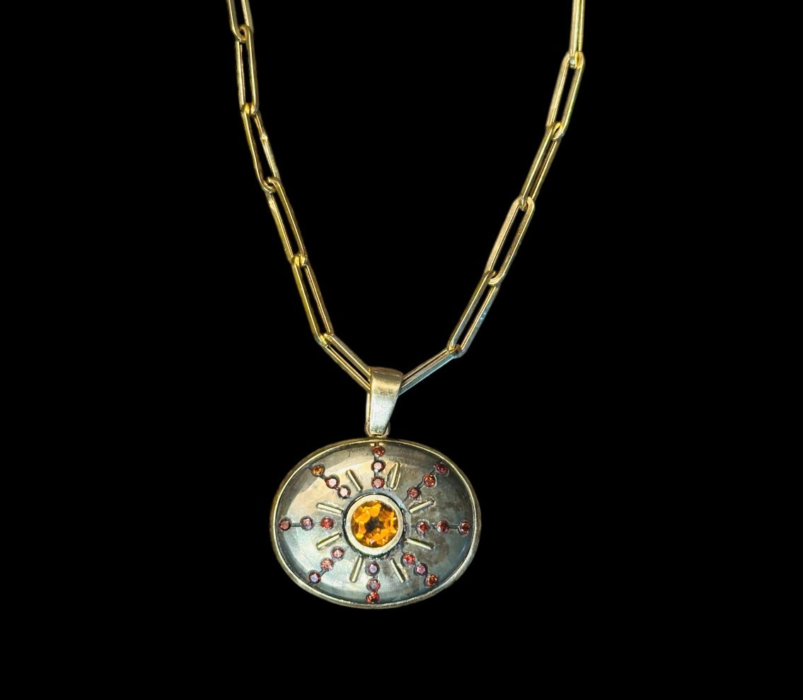 SOL Pendant, Pyrite, Citrine & Red Diamonds