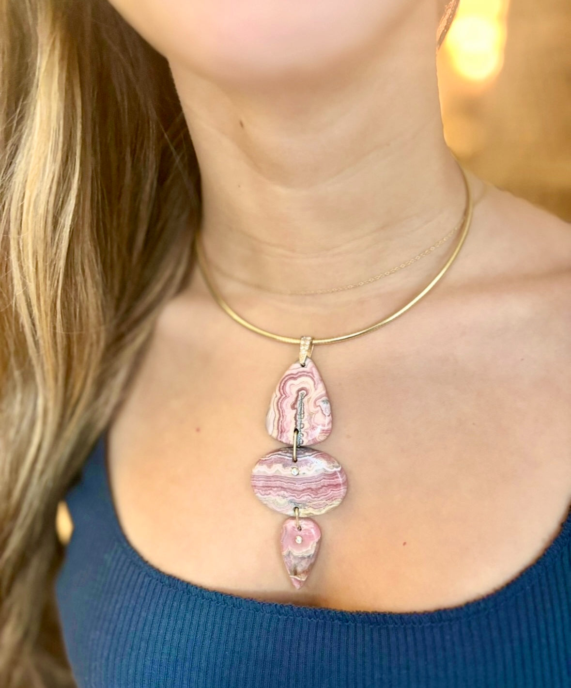 Rhodochrosite Triple Pendant with Diamonds