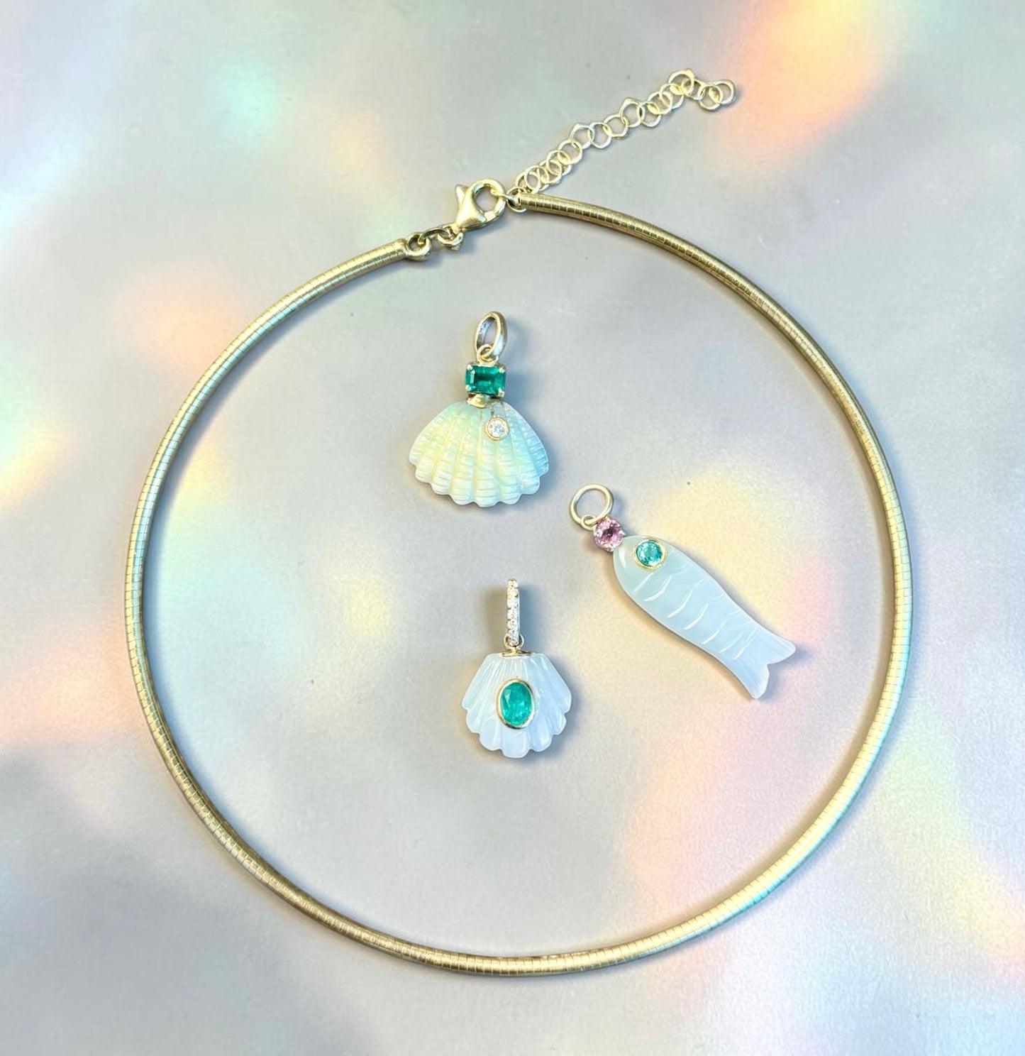 Australian Opal Shell Pendant with Diamond, Emerald (and rainbow!)