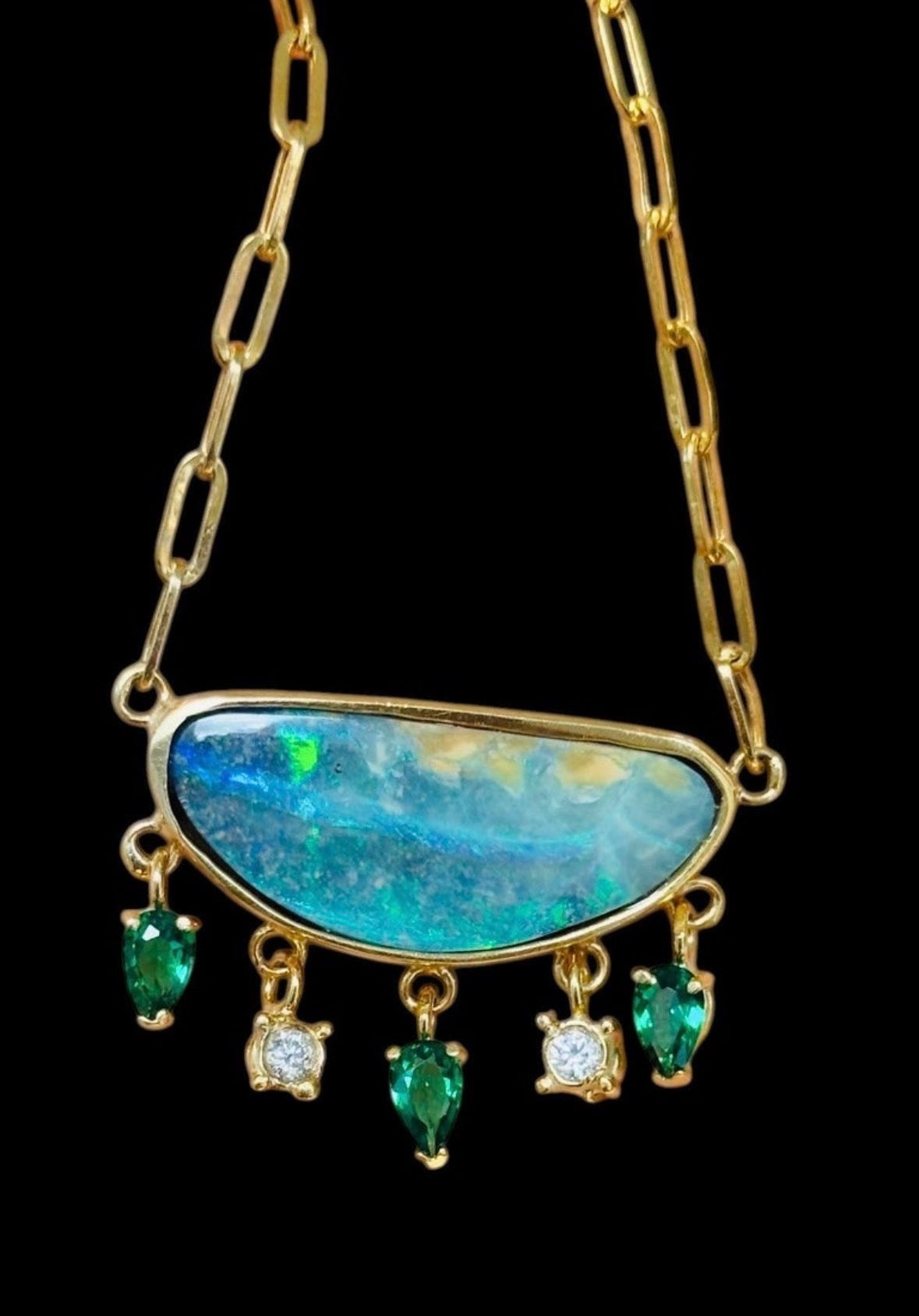 Australian Opal Necklace with Diamonds & Colombian Emeralds, 14k Paperclip Chain