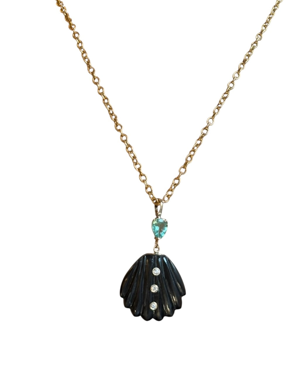 Carved Shell Pendant, Black Onyx, Diamonds & Emerald