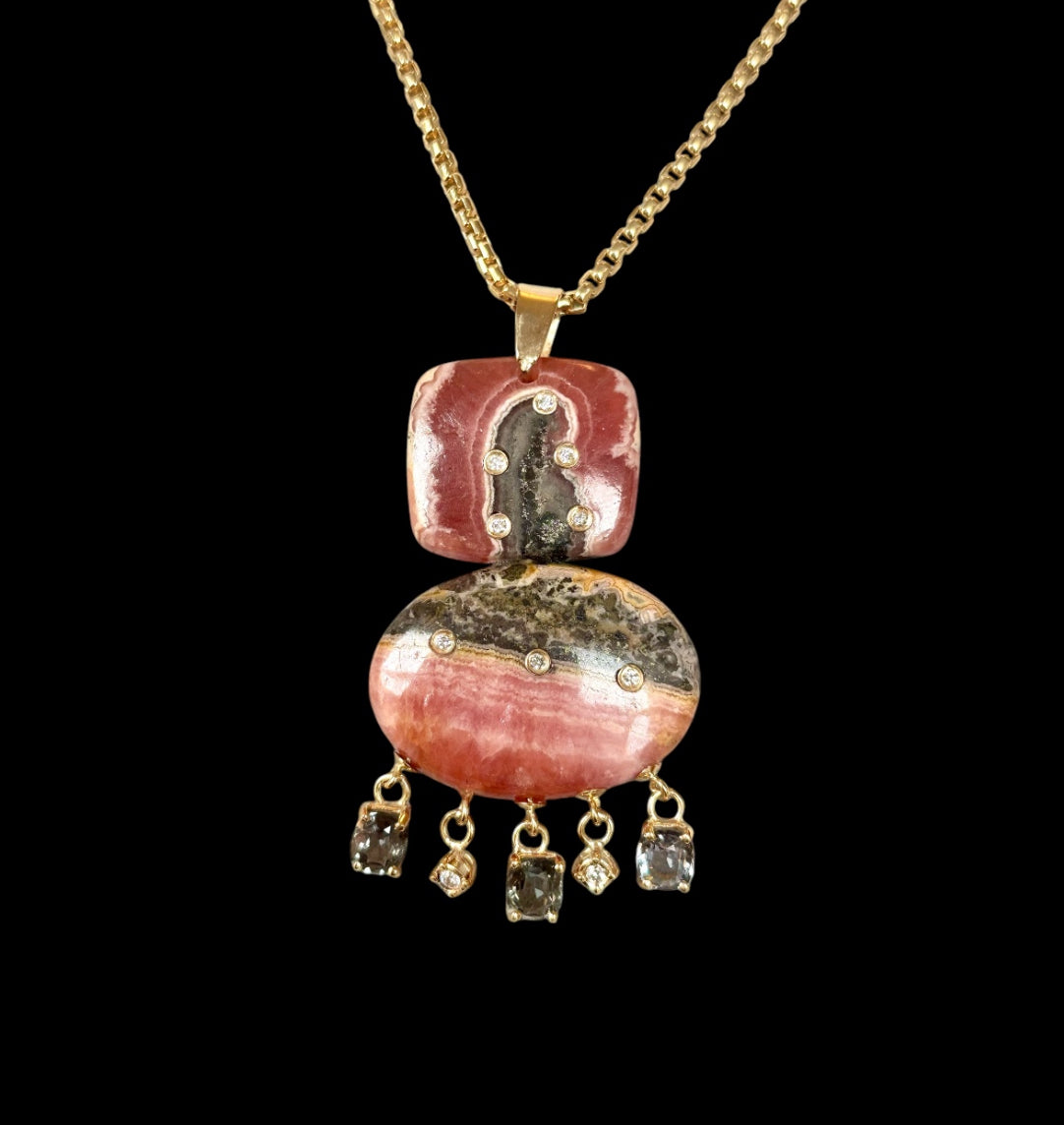 Rhodochrosite Double Pendant with Diamonds & Spinel