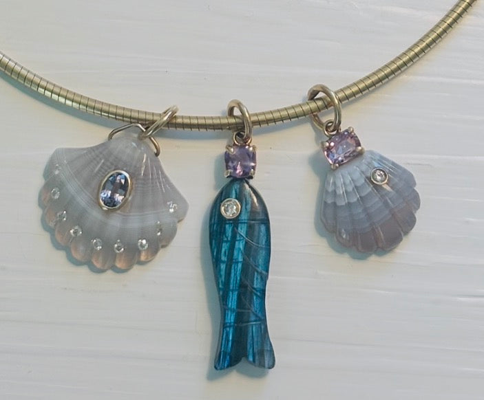 Perfect Poisson, Labradorite Fish Pendant with Diamond and Pink Spinel