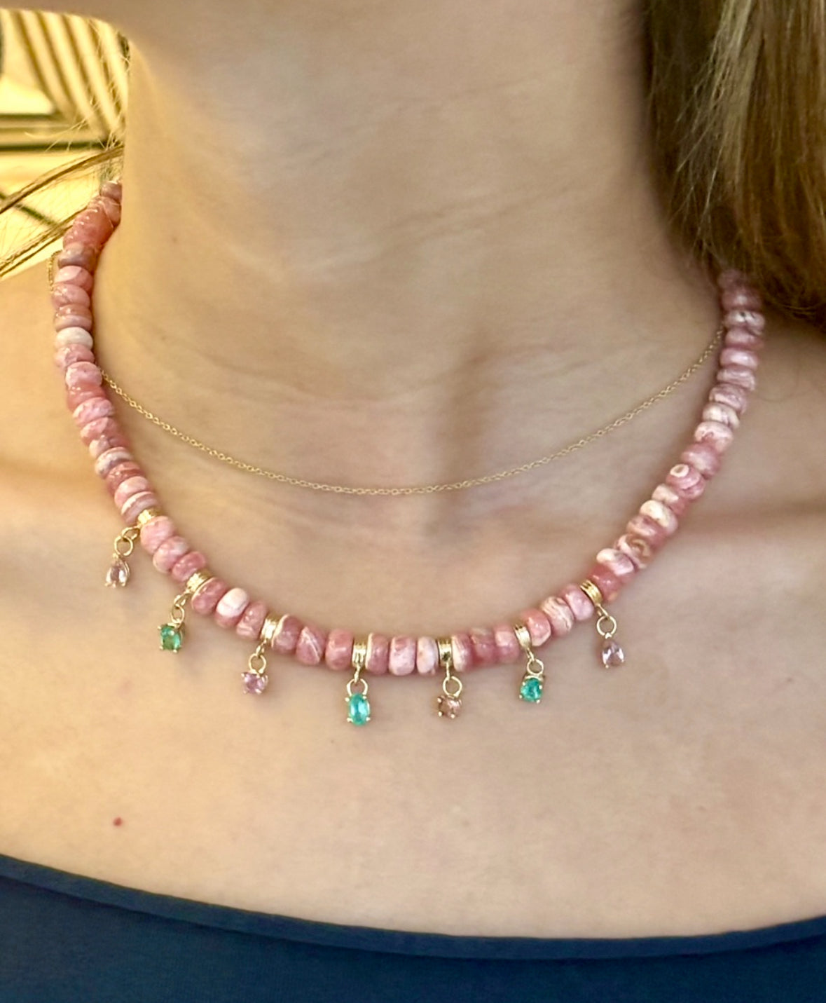 Rhodochrosite Fringe Necklace with Emeralds & Pink Spinel