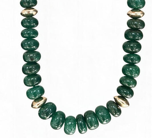 Nephrite Green Jade & 14k Gold Gold Rondelle Beaded Necklace, 20”