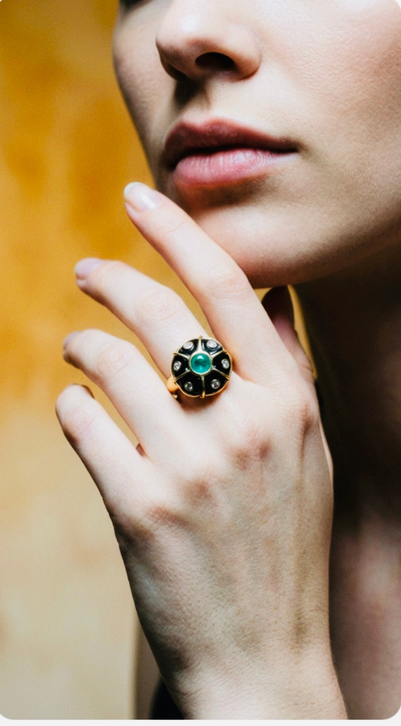 FLORA Ring: Black Onyx, Emerald & Diamonds