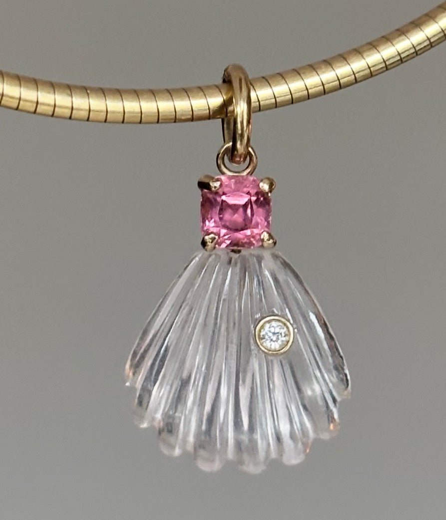 Rose Quartz Shell Pendant with Diamond, Pink Tourmaline & 14k Gold