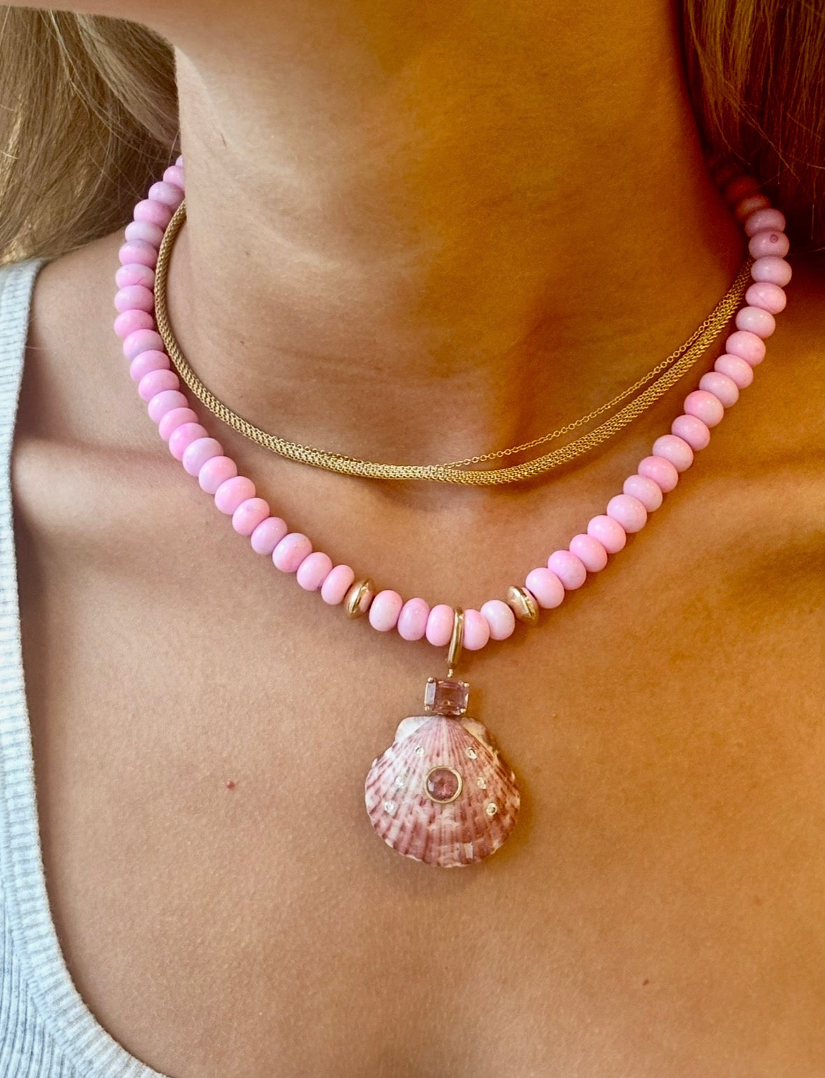 Shell Pendant with Pink Tourmaline & Diamonds