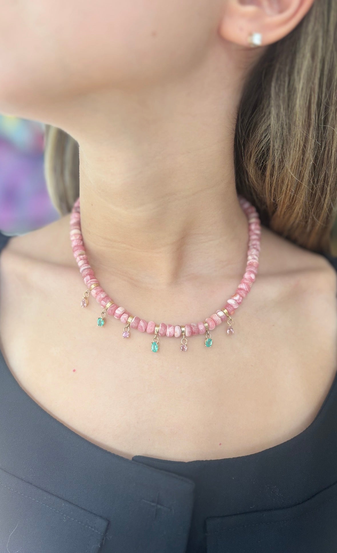 Rhodochrosite Fringe Necklace with Emeralds & Pink Spinel