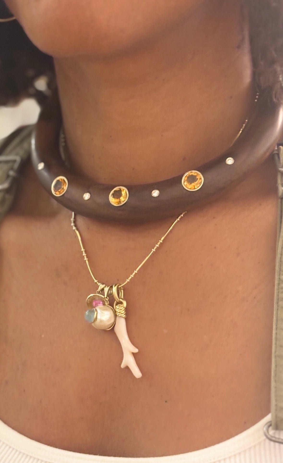 Wood Collar Necklace with Round Citrines and Diamonds