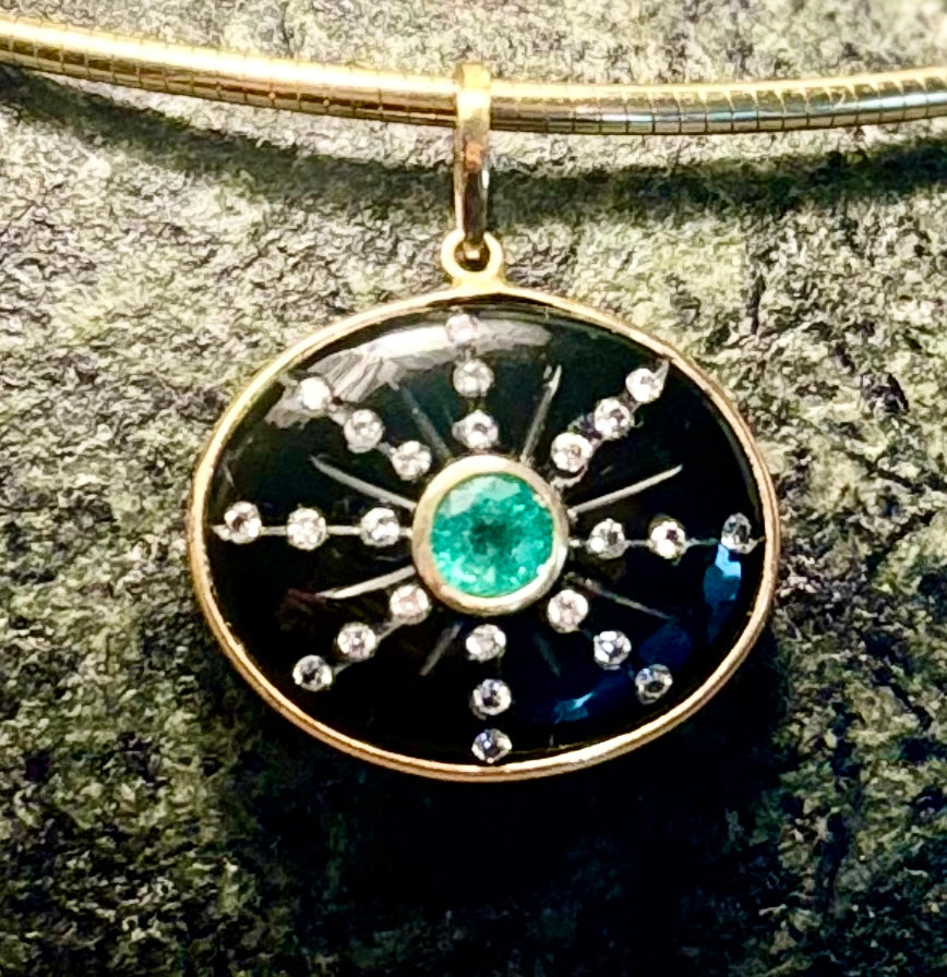 SOL Pendant, Black Onyx with Round Emerald and Diamond Sun Rays