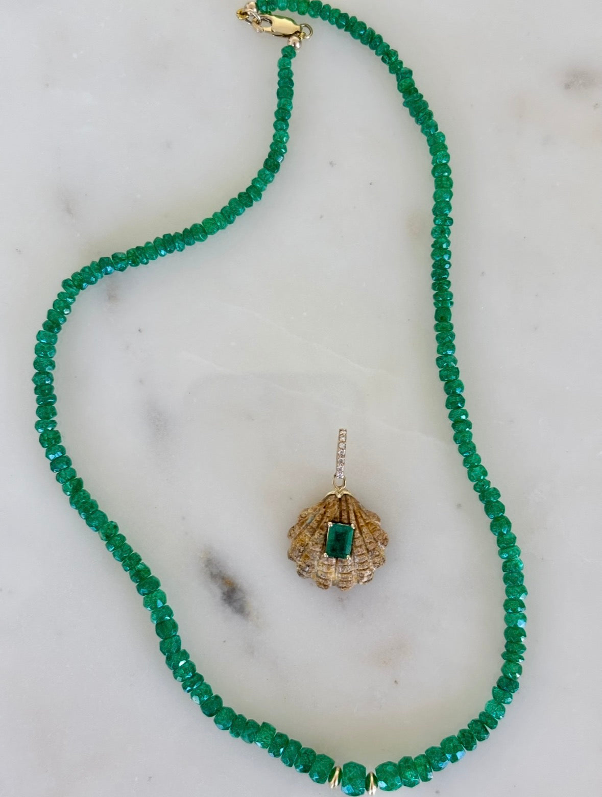 Emerald and 14k Gold Rondelle Beaded Necklace, 16”