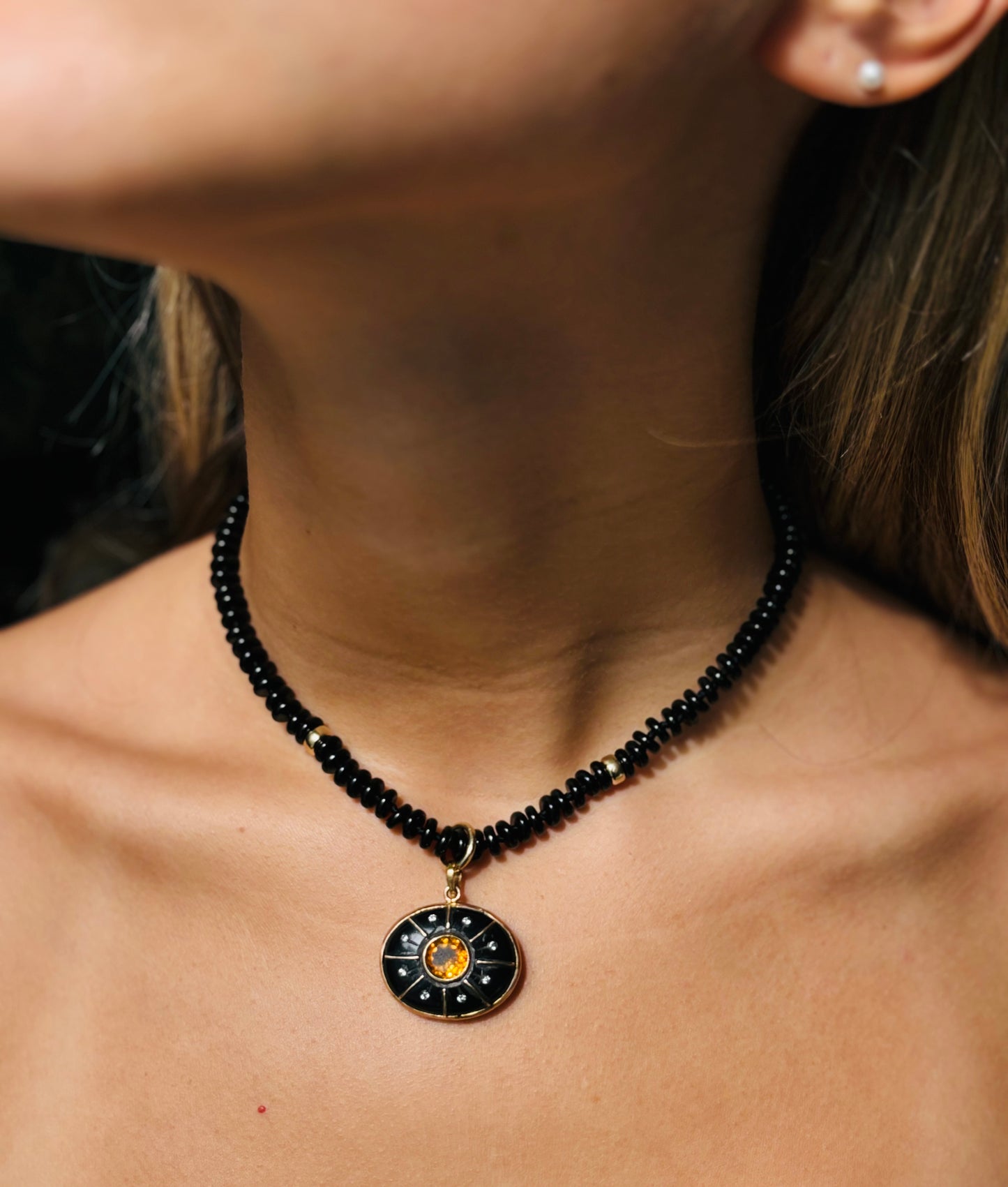 S O L Pendant / / black onyx, citrine & diamonds