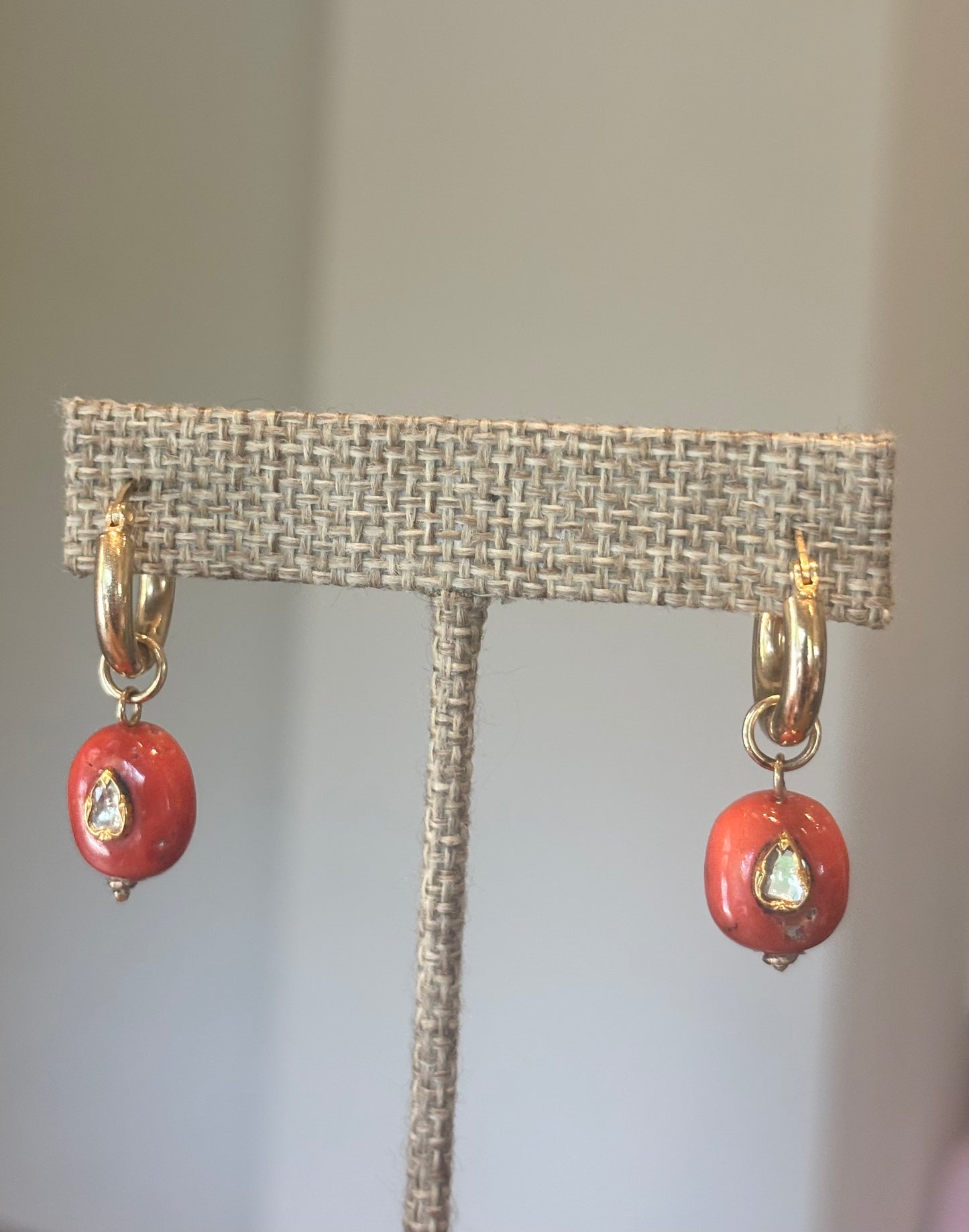 Coral & Polki Diamond Earrings, 16mm Gold Hoops
