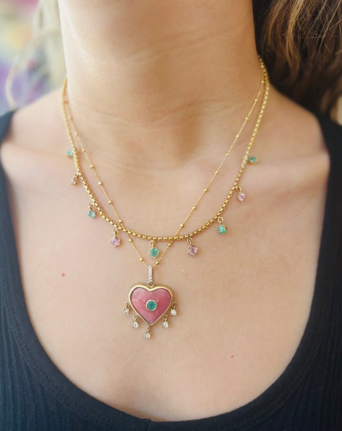 Rhodochrosite Heart Pendant with Emerald & Diamonds