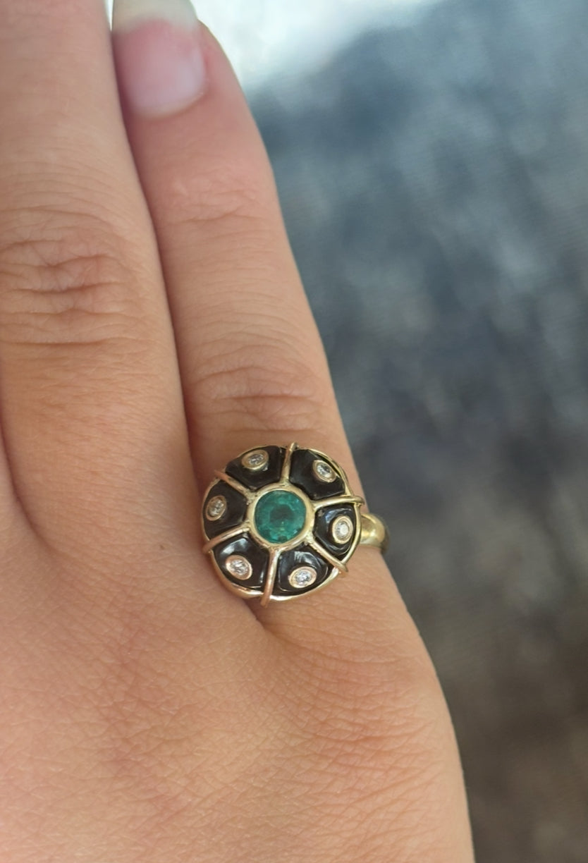 FLORA Ring: Black Onyx, Emerald & Diamonds