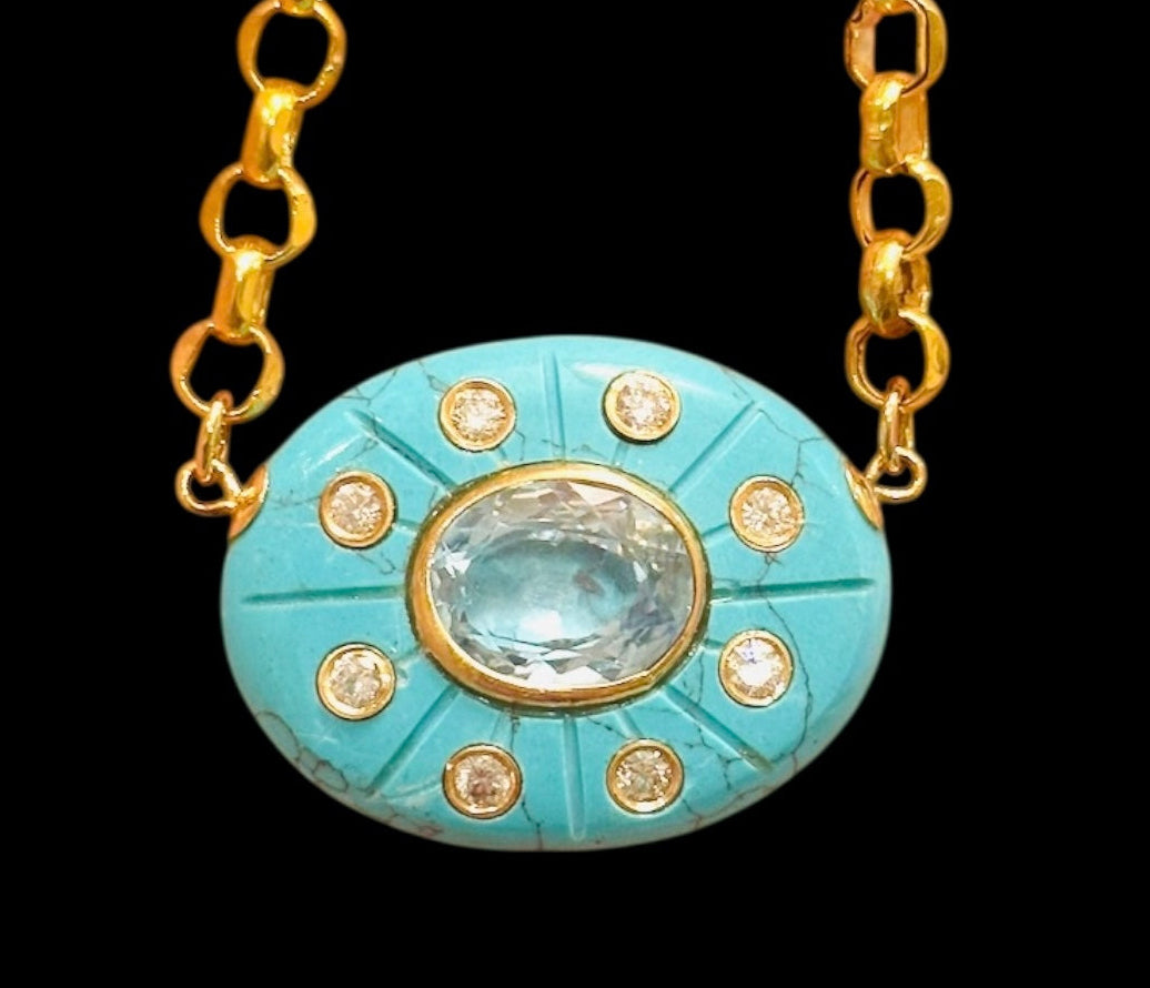 SOL Necklace, Turquoise, Sky Blue Topaz & Diamonds