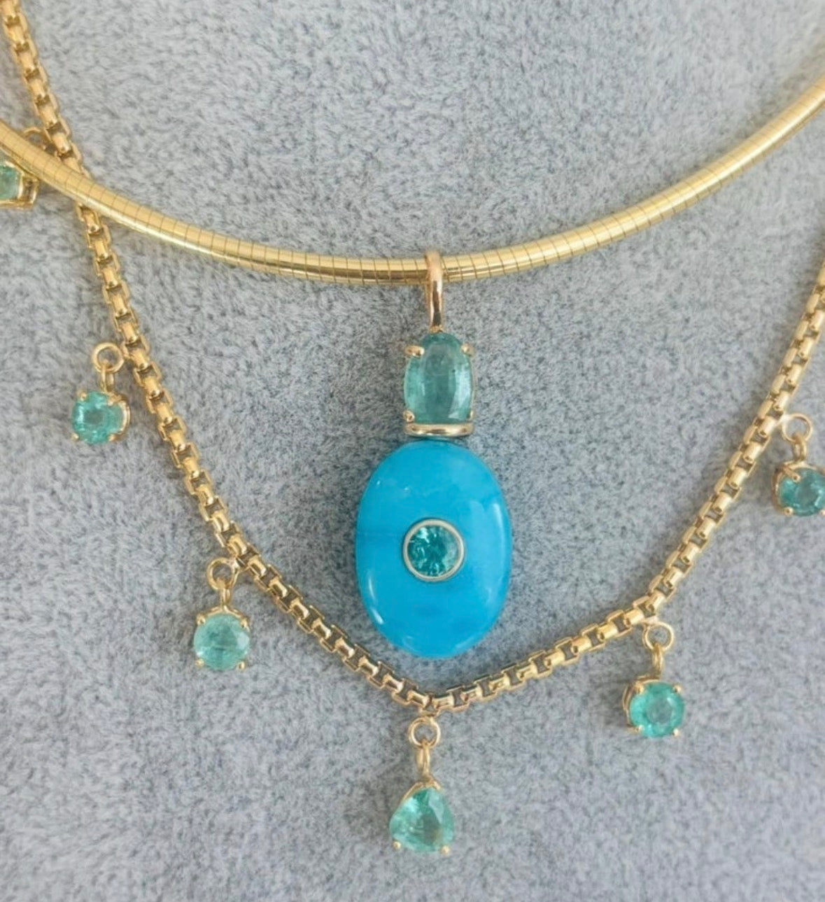 Turquoise Pendant with Emeralds & (hidden) Diamond