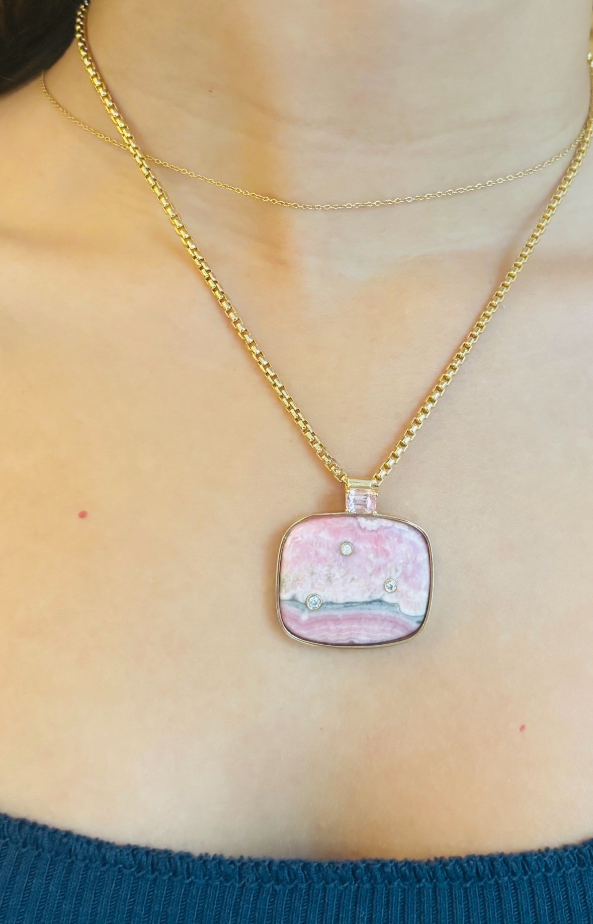 Rhodochrosite Pendant with Pink Spinel & Diamonds