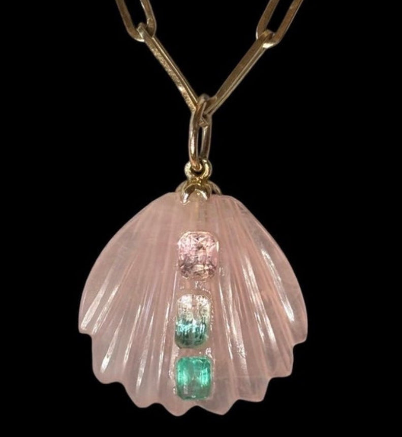 Carved Shell Pendant: Rose Quartz with Tourmaline & Emerald