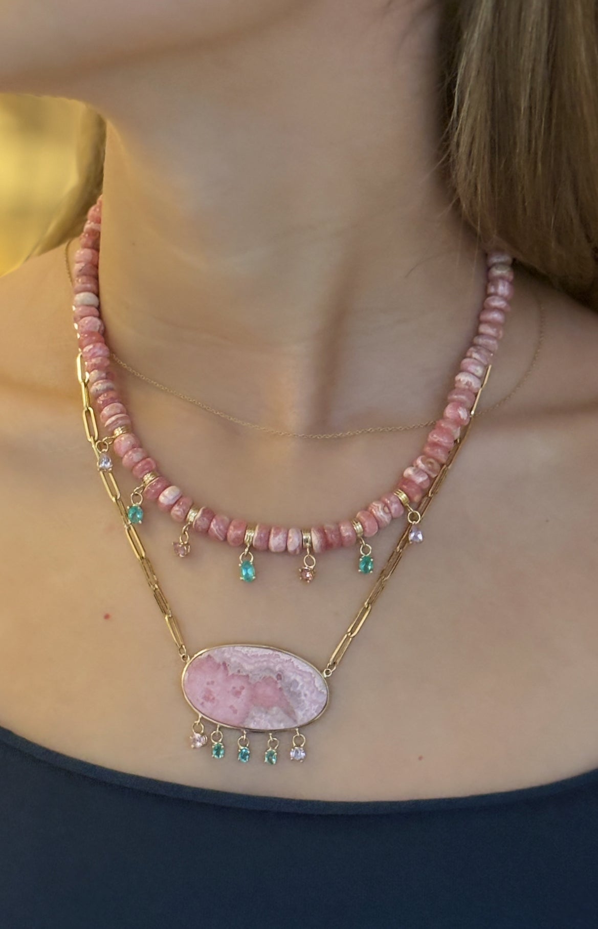 Rhodochrosite Fringe Necklace with Emeralds & Pink Spinel