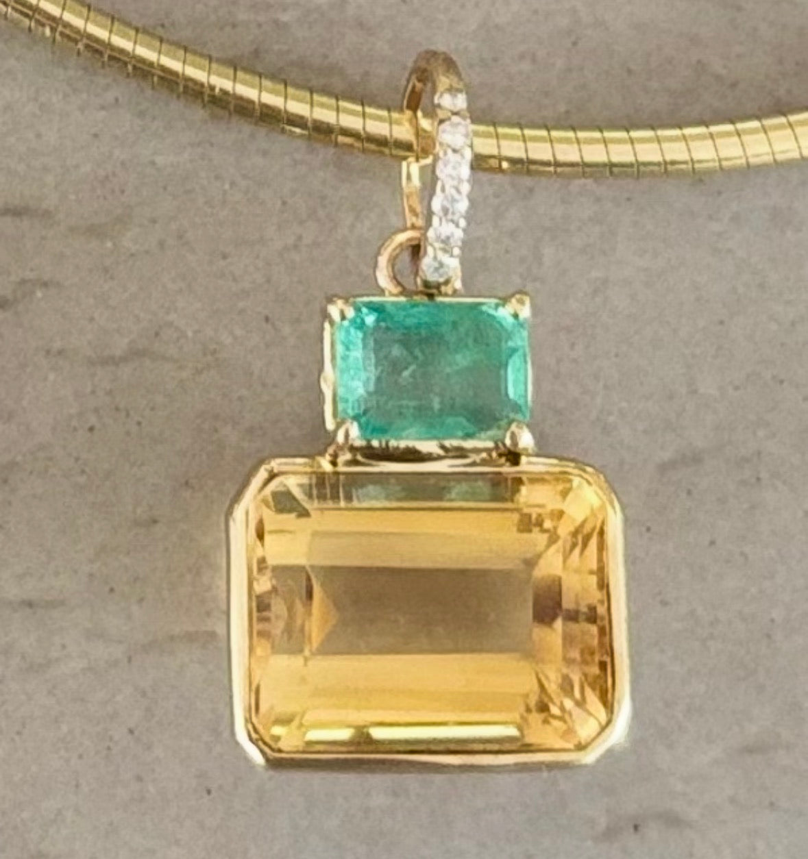 DISCO Pendant, Citrine with Emerald and Diamond Bail