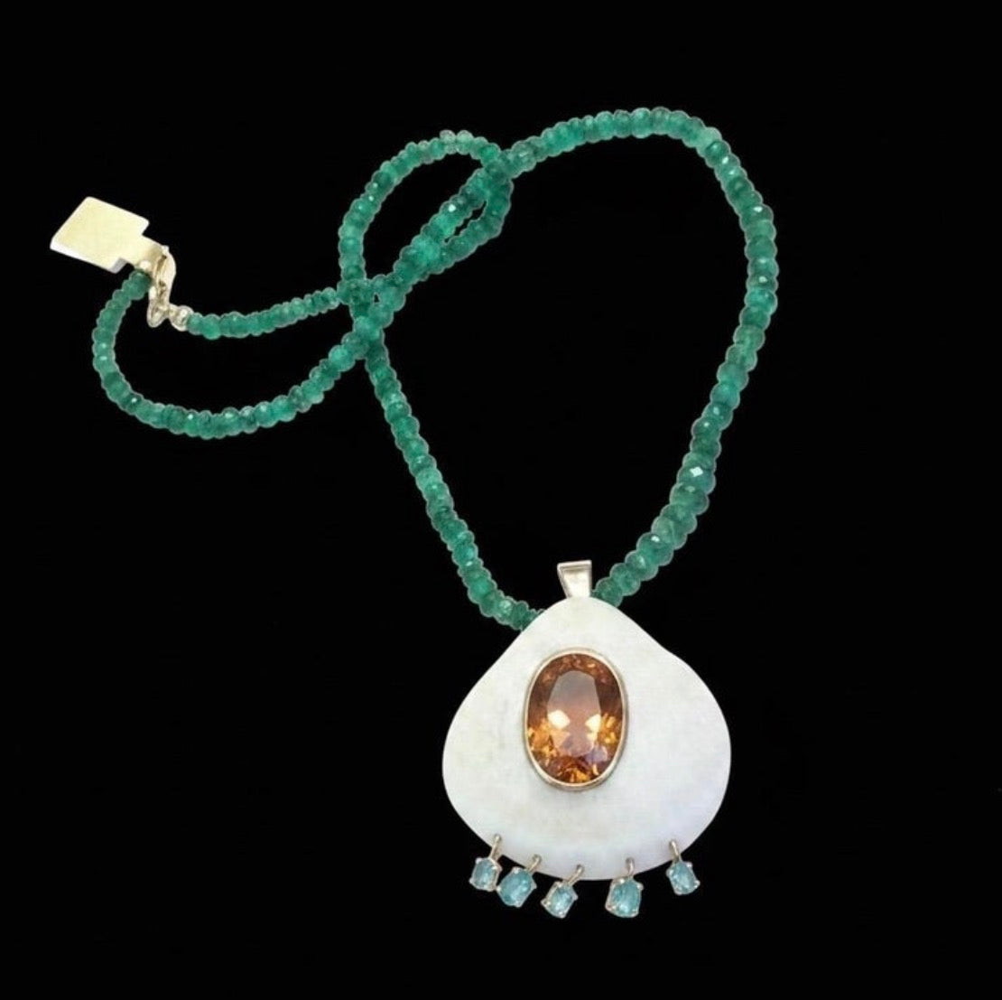 Emerald Necklace and Shell Pendant with Madeira Citrine, Emeralds & 14k Gold