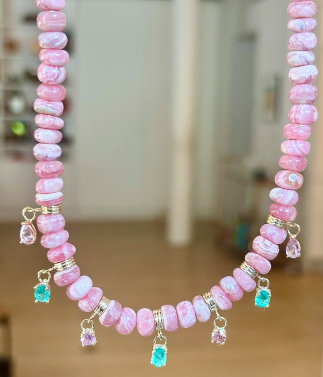 Rhodochrosite Fringe Necklace with Emeralds & Pink Spinel