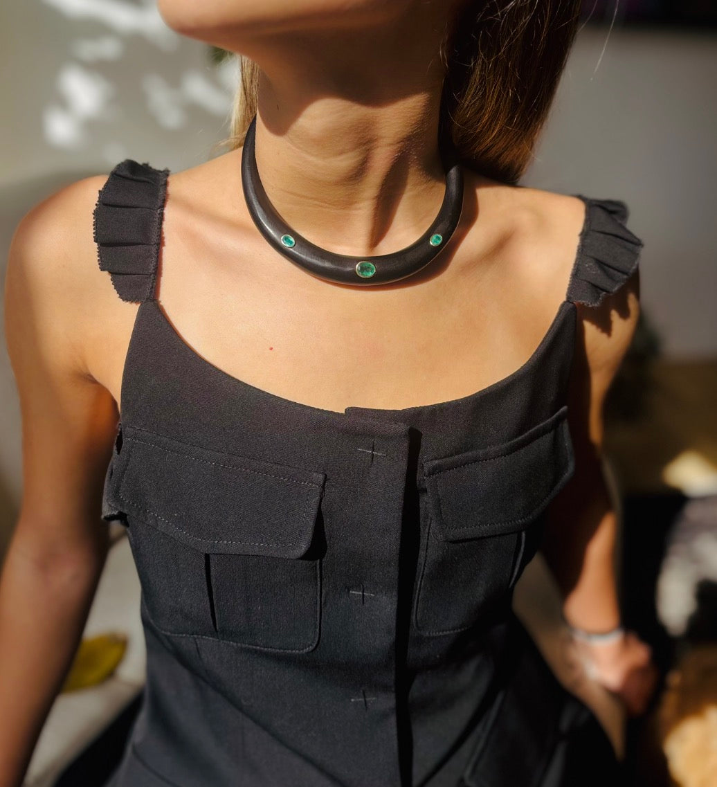 Wood Collar Necklace with Emeralds