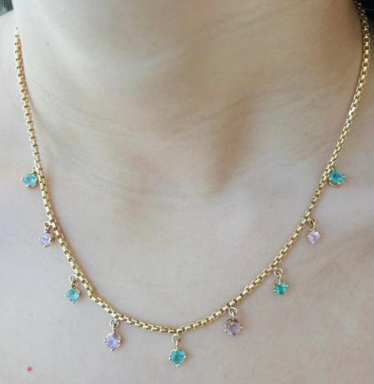 Emerald & Pink Spinel Fringe Necklace, 14k Gold
