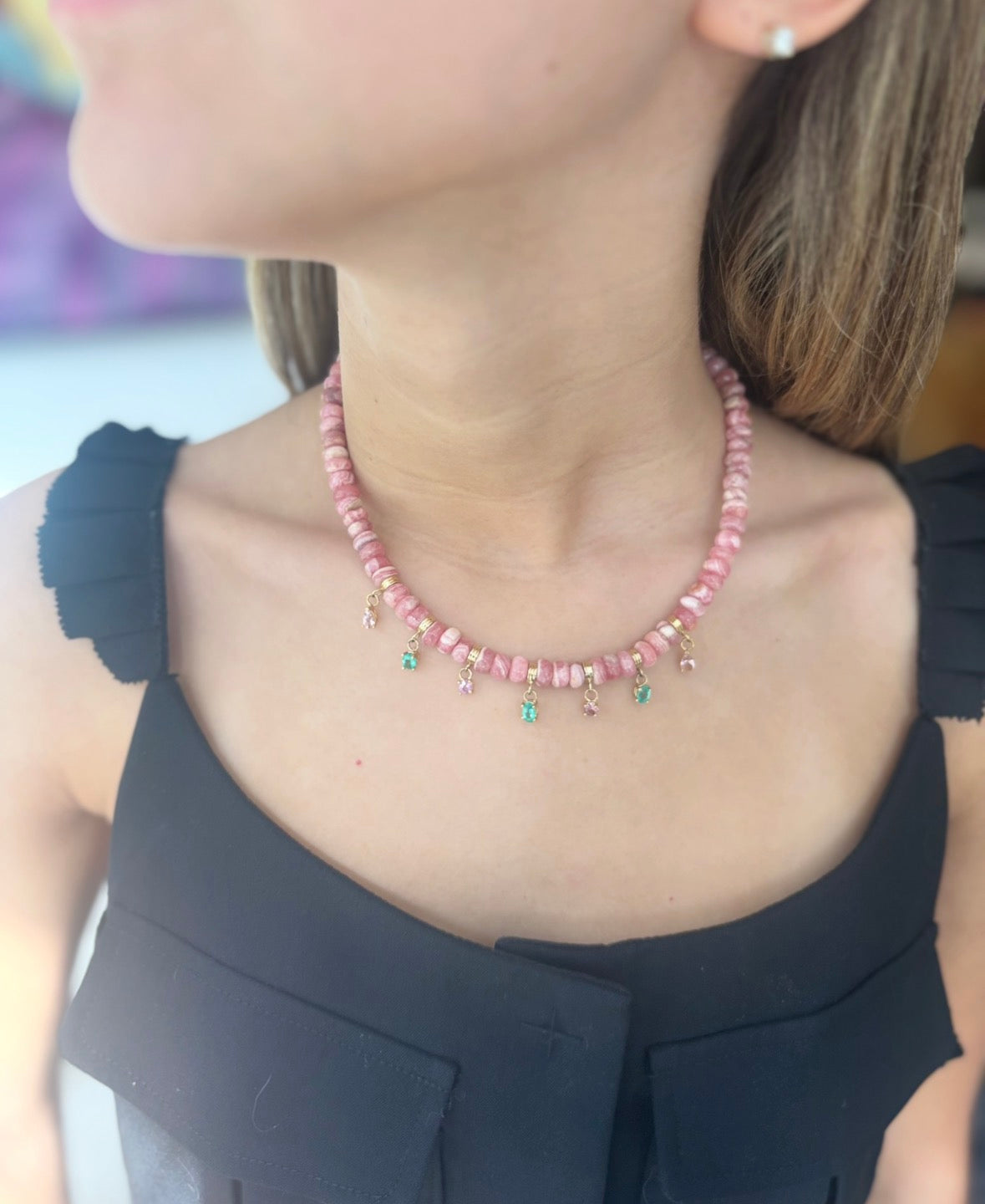 Rhodochrosite Fringe Necklace with Emeralds & Pink Spinel