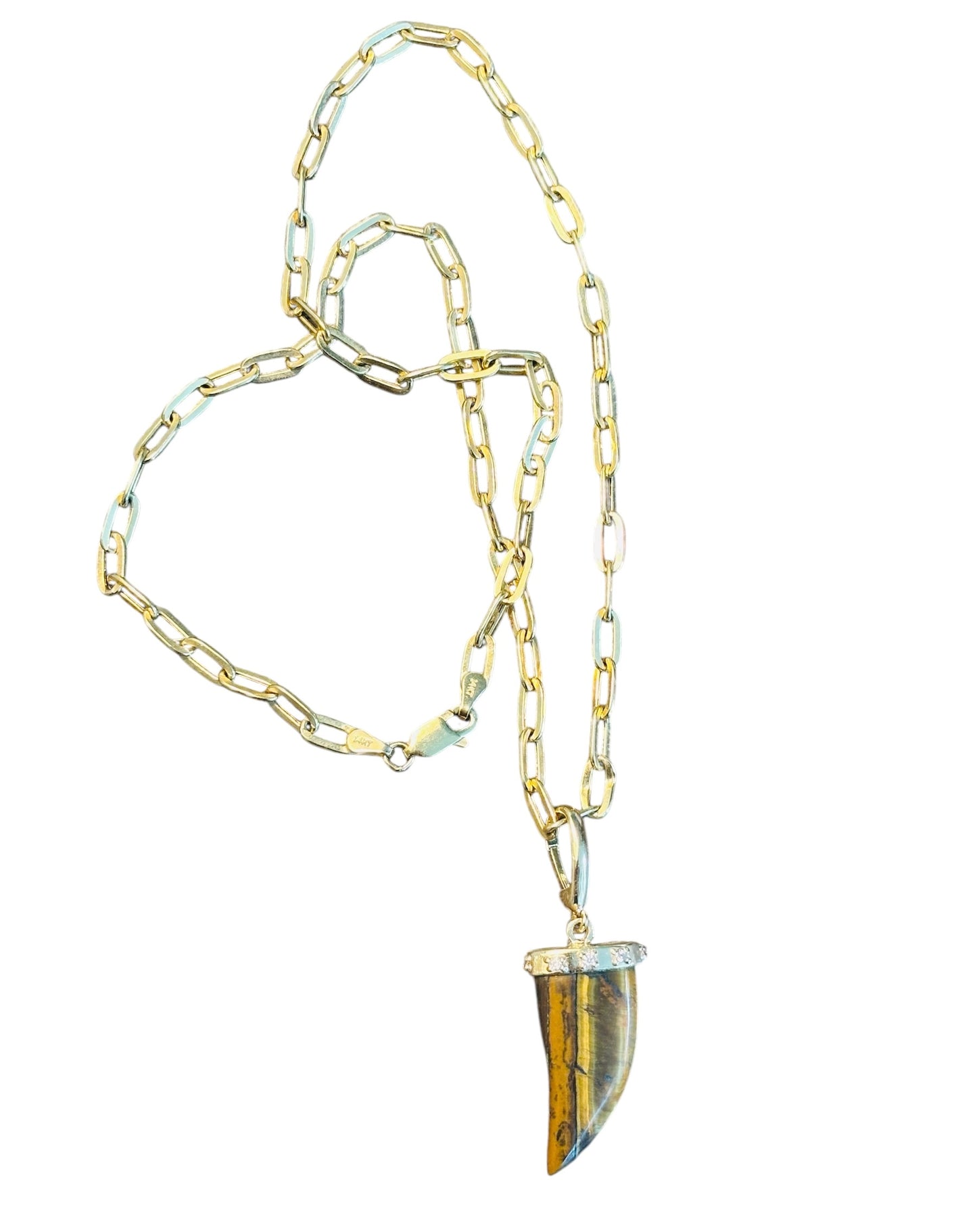 Tiger’s Eye Horn Pendant with Diamonds & 14k Gold