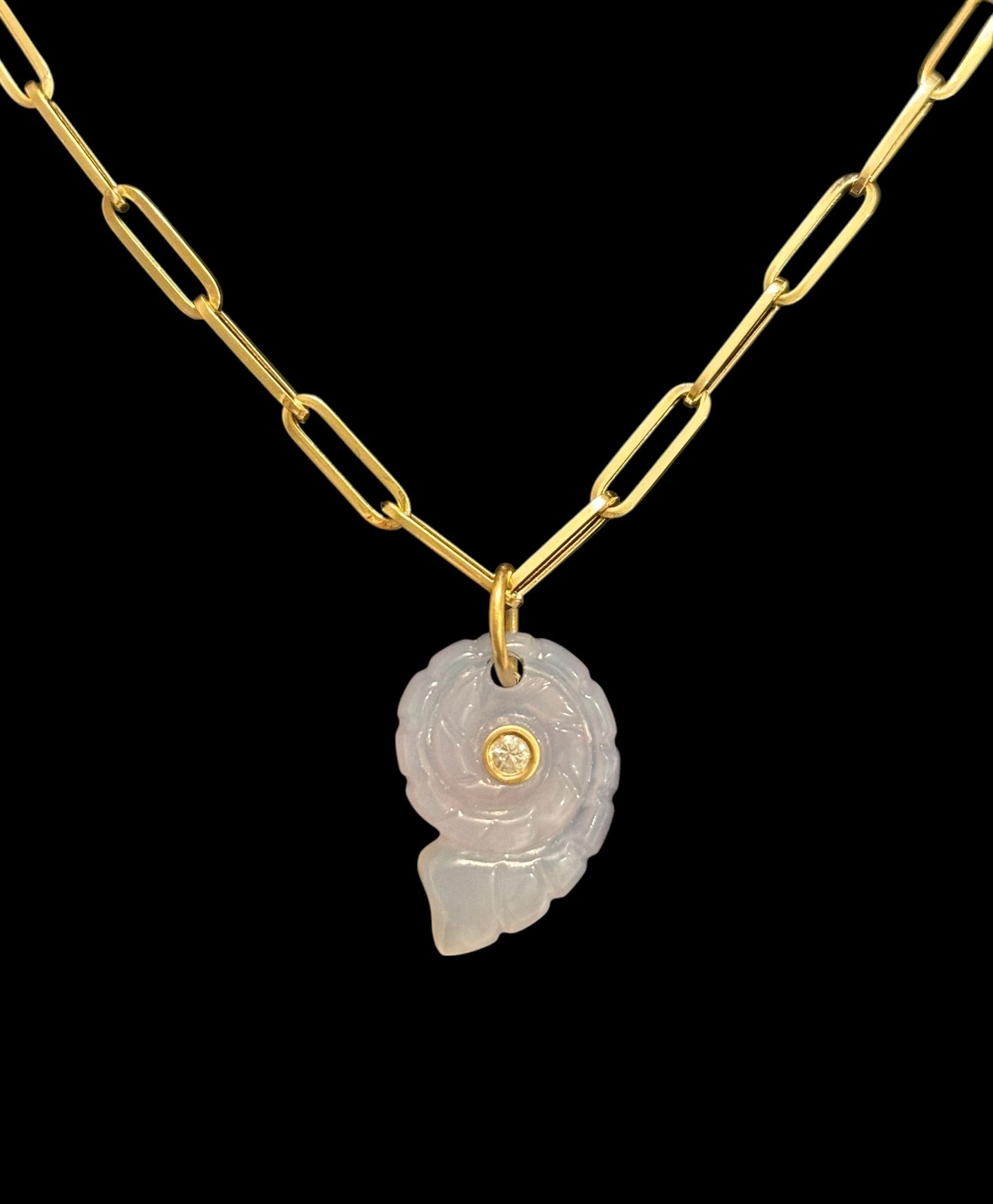 Chalcedony spiral shell Pendant with diamond & rubies