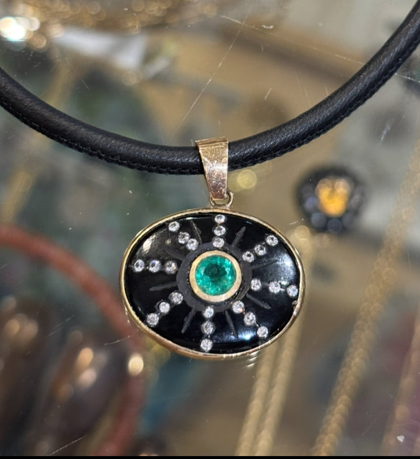 SOL Pendant, Black Onyx, Emerald & Diamonds