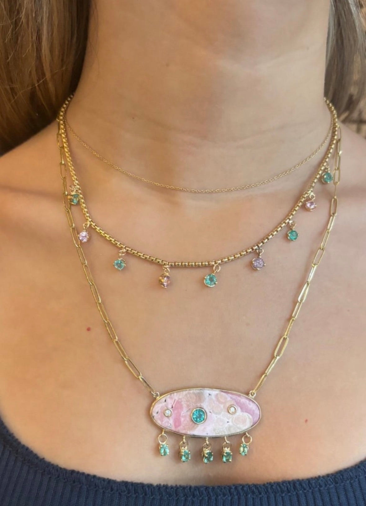 Emerald & Pink Spinel Fringe Necklace, 14k Gold