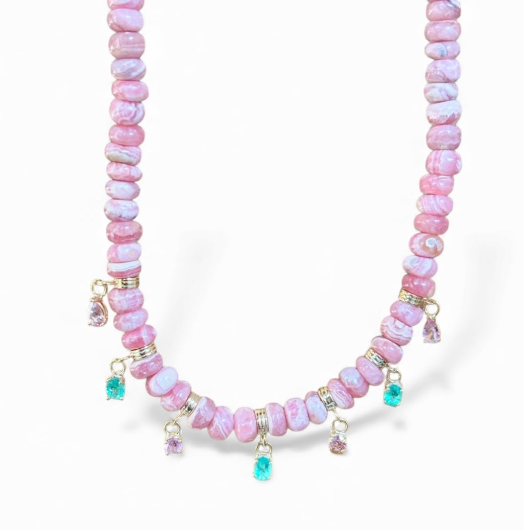 Rhodochrosite Fringe Necklace with Emeralds & Pink Spinel