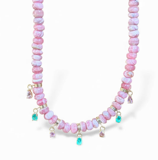 Rhodochrosite Fringe Necklace with Emeralds & Pink Spinel