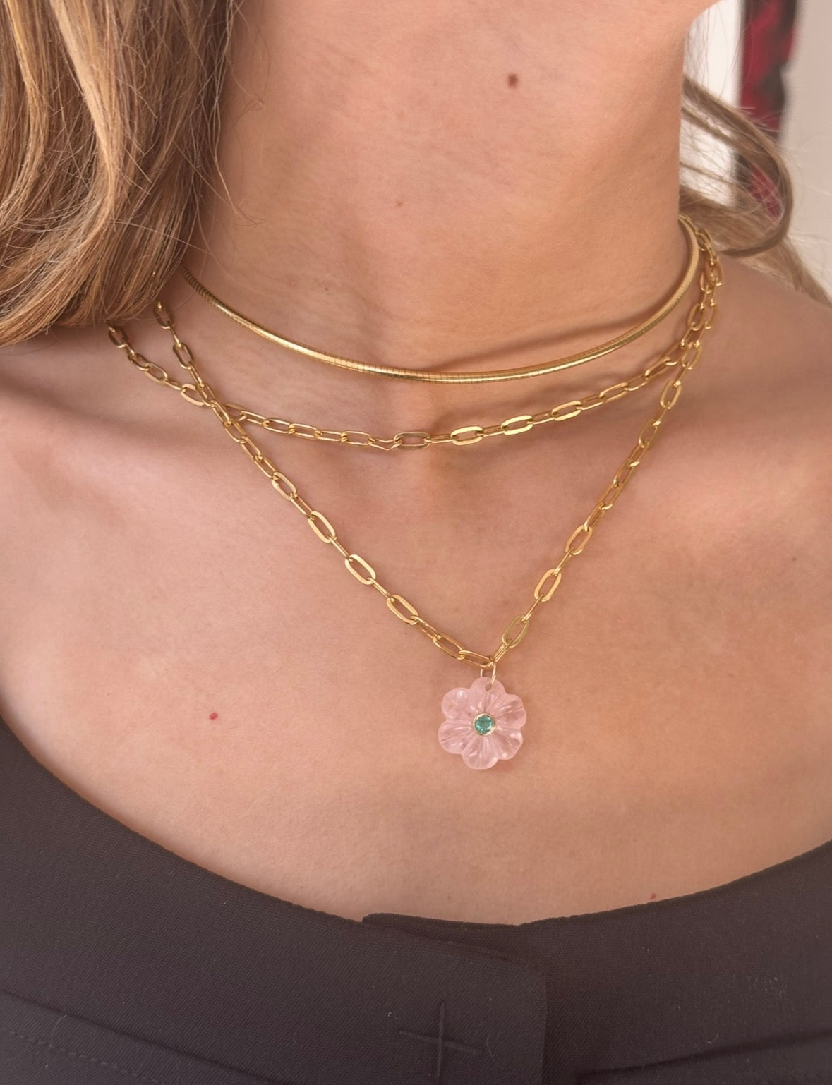 FLORA Pendant, Rose Quartz with Emerald