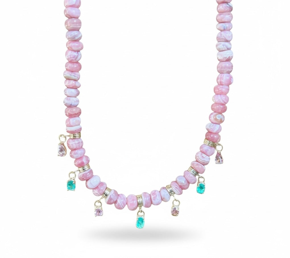 Rhodochrosite Fringe Necklace with Emeralds & Pink Spinel