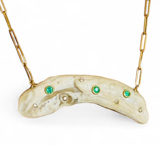 Natural Shell Necklace with Emeralds and Diamonds