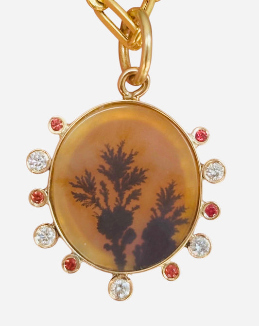 Dendritic Agate Pendant with Diamonds & Sapphires