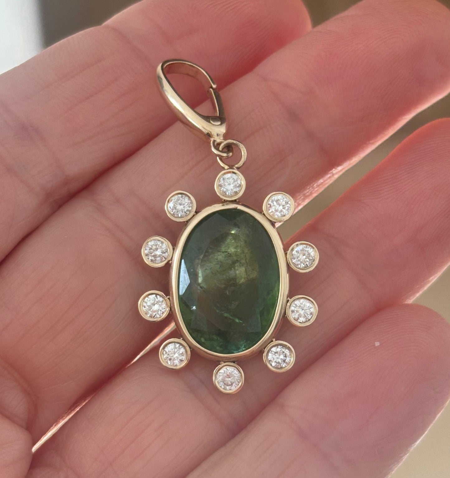 Green Tourmaline Flower with Diamonds & 14k Gold