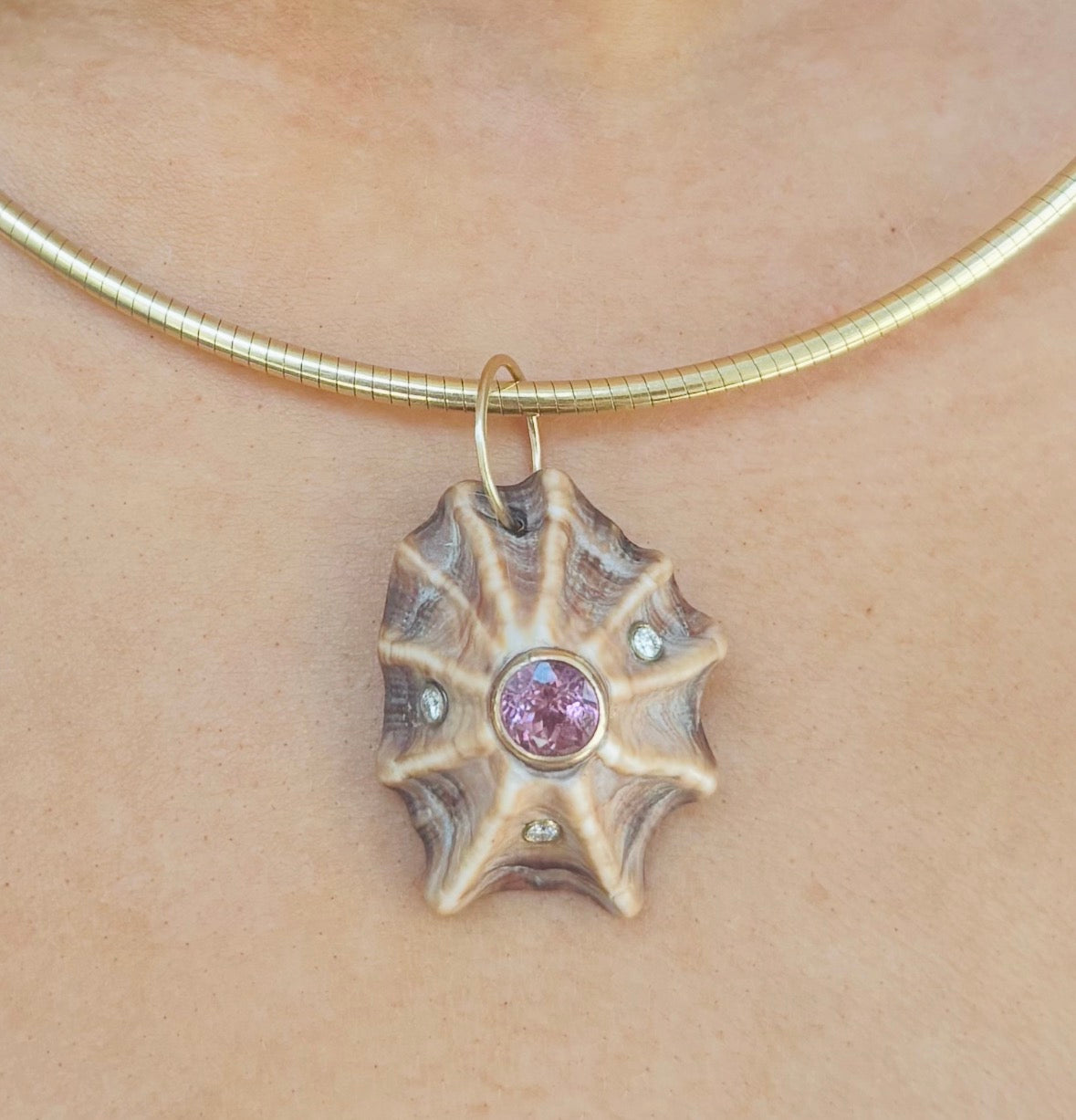 Natural Shell Pendant with Pink Tourmaline & Diamonds