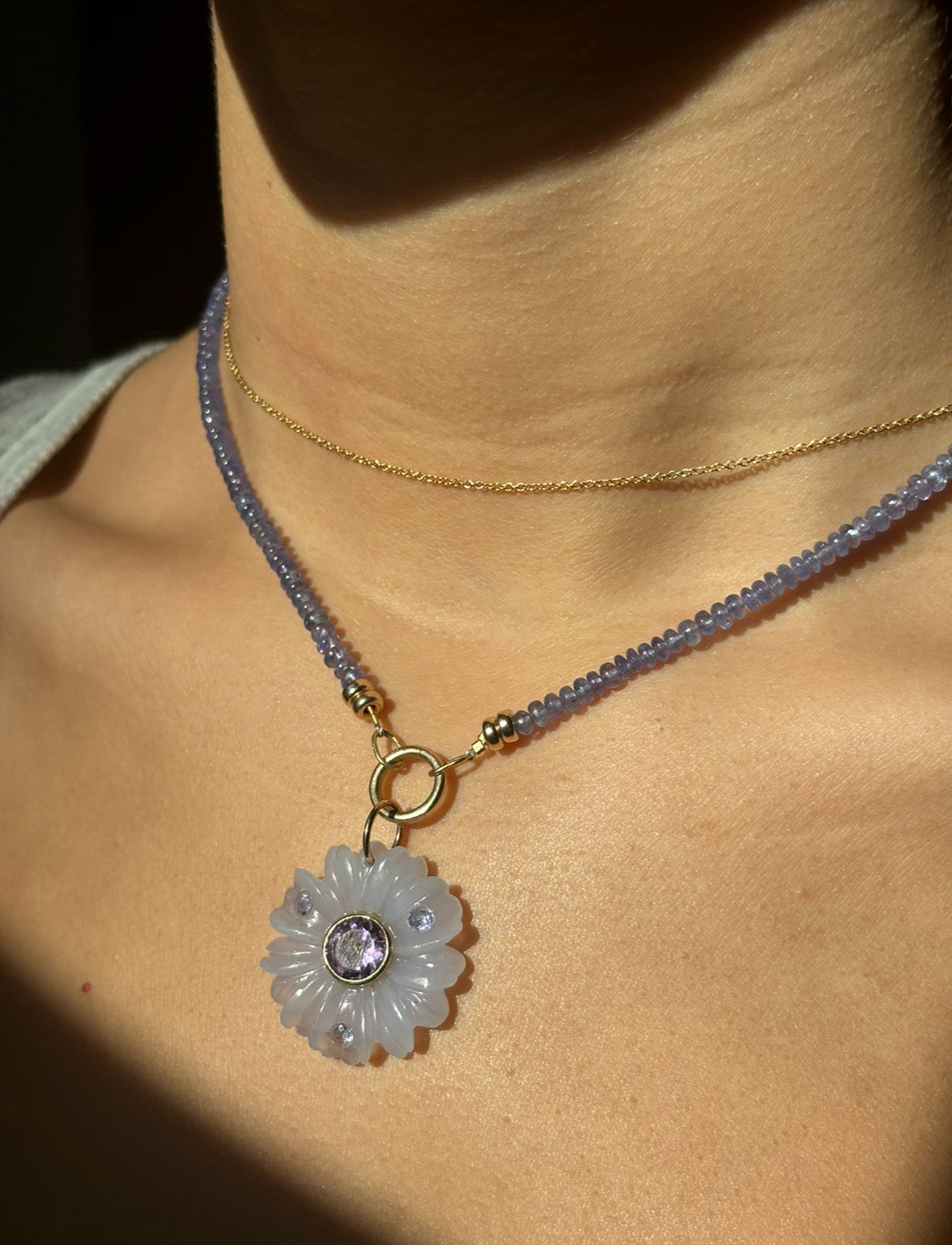 FLORA Pendant, chalcedony, amethyst & tanzanites