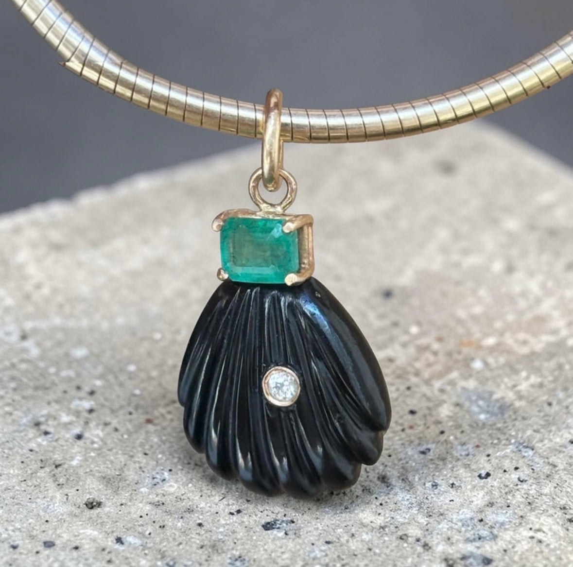 Black Onyx Shell Pendant with Diamond & Emerald